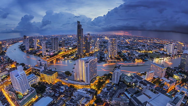 Bangkok, landscape, sky, clouds, architecture, town, Thai, perspective, HD wallpaper
