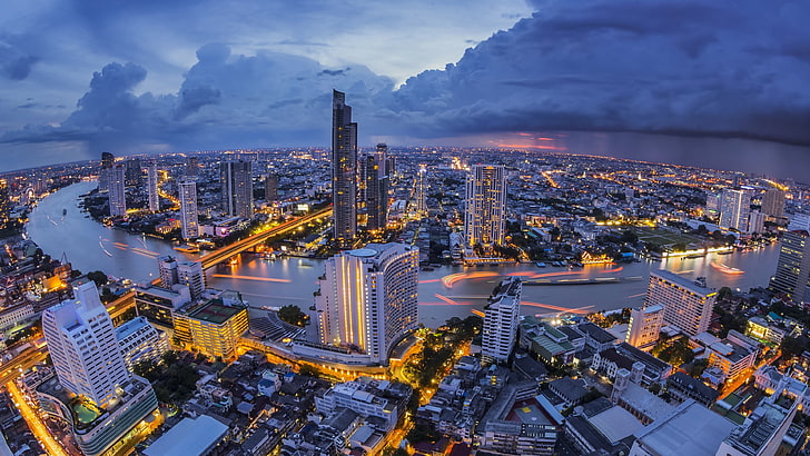 concrete buildings, Thailand, Bangkok, city, river, landscape