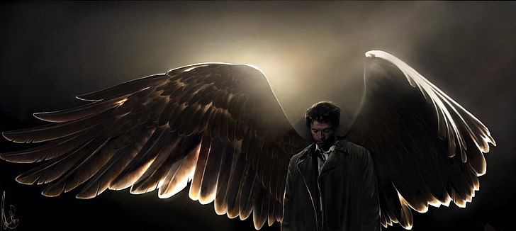 man with wings digital wallpaper, TV Show, Supernatural, spread wings