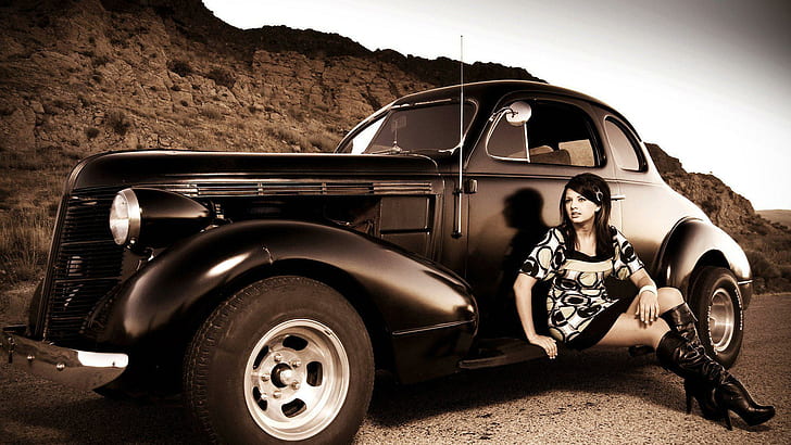 Girl and Hot Rod, black vintage coupe, cars, 1920x1080, woman, HD wallpaper
