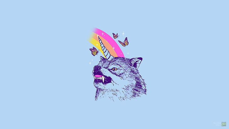 gray wolf wallpaper, unicorn, LSD, drugs, simple, butterfly, animals