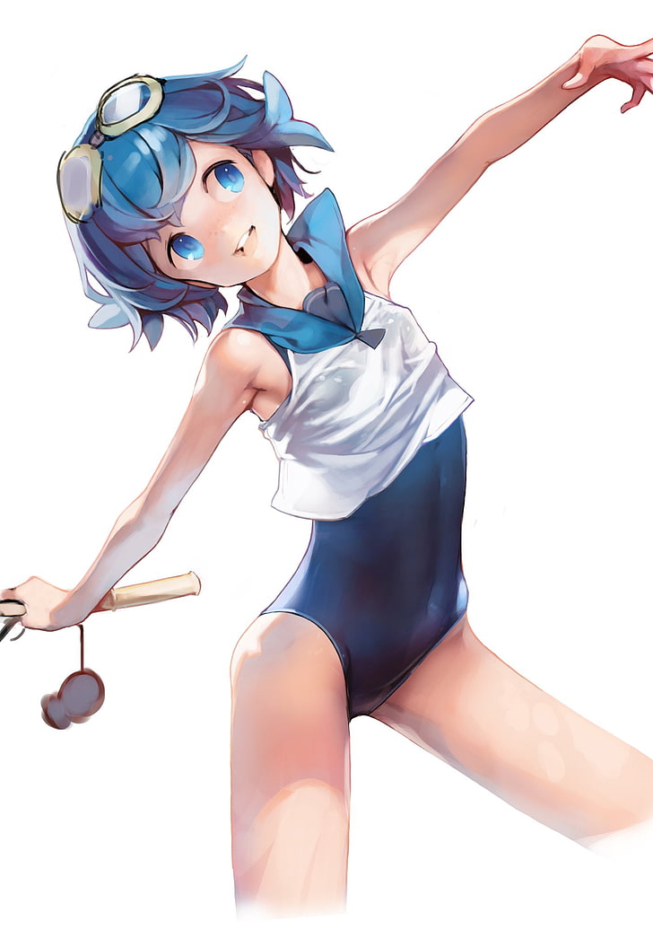 anime girls, blue eyes, blue swimsuit, blue hair, women, young adult
