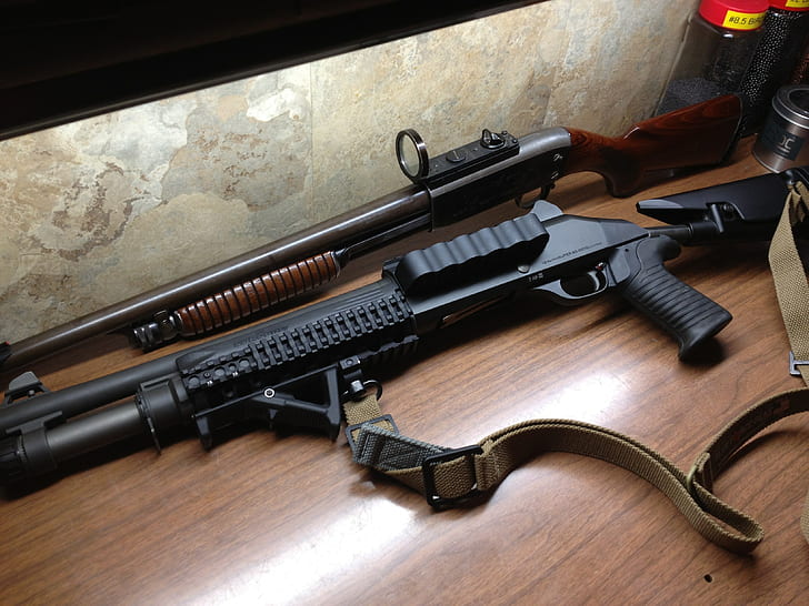 benelli shotgun, weapon, indoors, handgun, no people, wood - material
