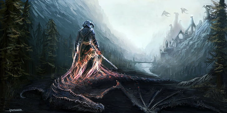 HD wallpaper: the elder scrolls v skyrim fan art fantasy art dragon video games warrior | Wallpaper