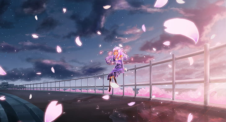 cherry blossom, sky, clouds, anime girls, long hair, HD wallpaper