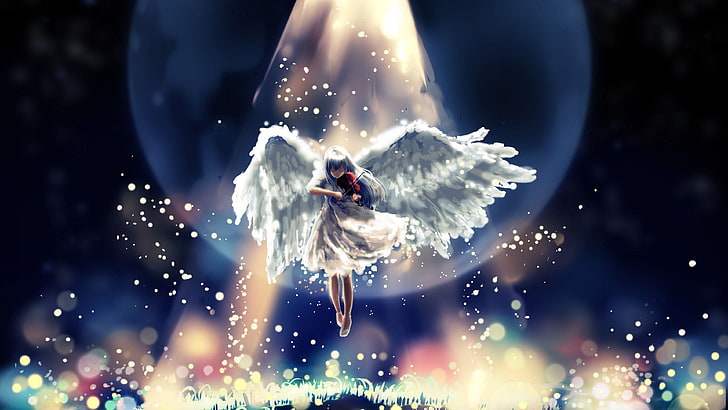 white haired female with wings illustration, angel wings, illuminated