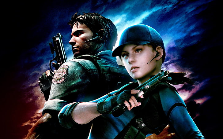 woman and man with guns illustration, resident evil, jill valentine