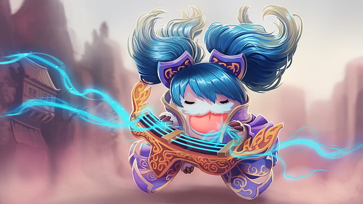 animated girl with blue hair 3D wallpaper, League of Legends