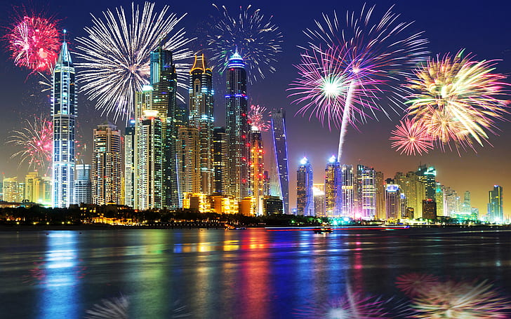 Dubai City At Night Christmas Holidays Fireworks In The Sky Skyscrapers United Arab Emirates Desktop Wallpaper Hd For Your Computer 4500×2813, HD wallpaper
