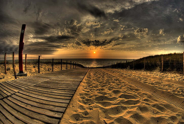 beach, nature, sand, path, sunset, HDR, sea, sky, tranquility, HD wallpaper