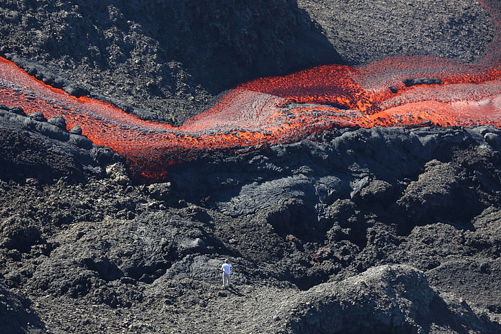 volcano, lava, eruption, nature, men, landscape, photographer