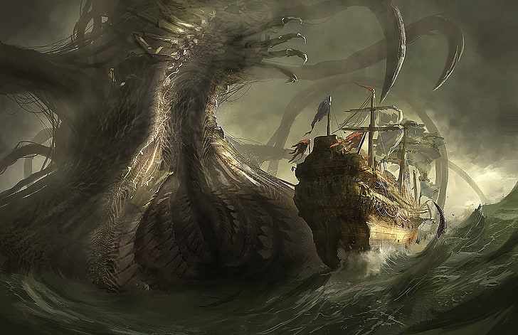giant sea monster painting, danger, ship, art, illustration, backgrounds