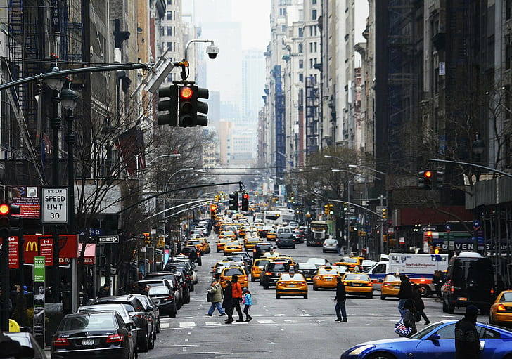 New York City traffic, NYC, street, taxi, people, HD wallpaper