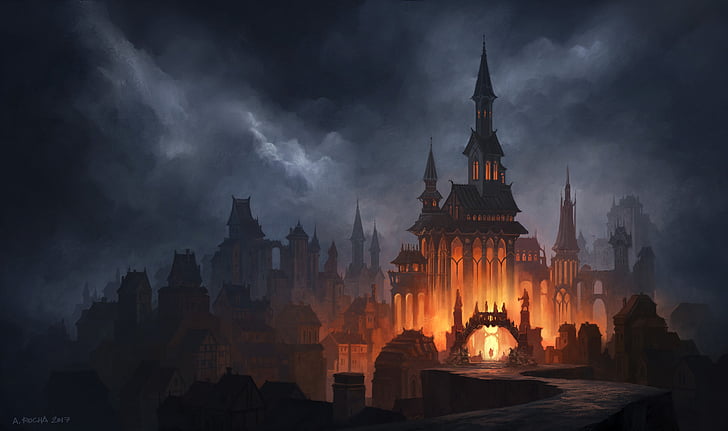 Castles, Artistic, Cloud, Dark, Fantasy, Fire, Gothic, architecture, HD wallpaper