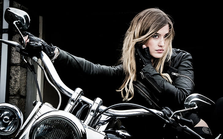 women, model, women with bikes, leather jackets, blonde, long hair, HD wallpaper