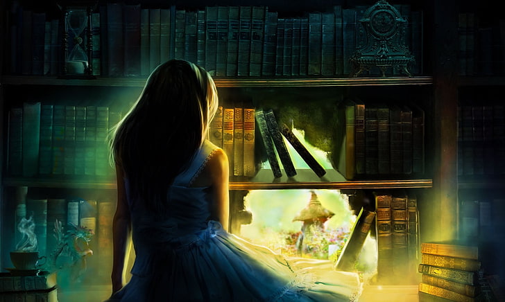 fantasy art, fantasy girl, books, cup, Alice in Wonderland