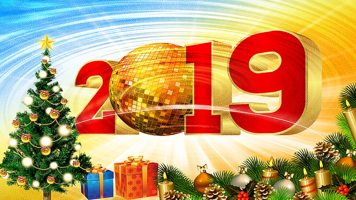 2019, new year, christmas tree, graphics, disco ball, party