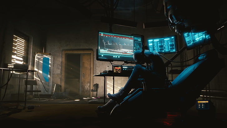 flat screen TV, cyberpunk, Cyberpunk 2077, illuminated, technology