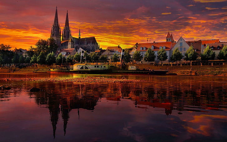 Regensburg, Germany, body of water during sunset painting, world, HD wallpaper