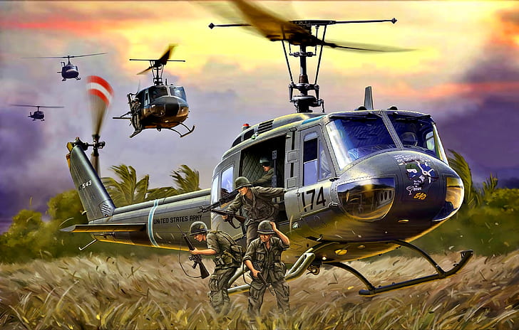 M16, Helicopter, US Army, Landing, M60, UH-1D, Soldiers, The Vietnam war, HD wallpaper