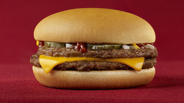cheese burger, McDonald's, food, burgers, fast food, meat, red background