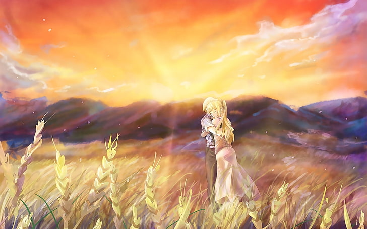 Katawa Shoujo, Lilly Satou, Hisao Nakai, sky, field, land, nature, HD wallpaper