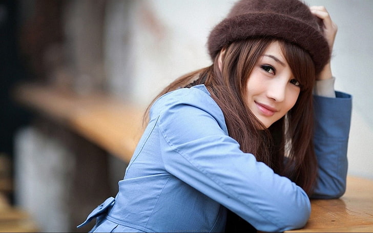 women, Asian, hat, looking at viewer, smiling, model, millinery, HD wallpaper