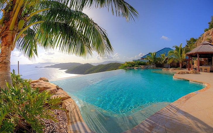 infinity pool, nature, landscape, resort, swimming pool, palm trees, HD wallpaper