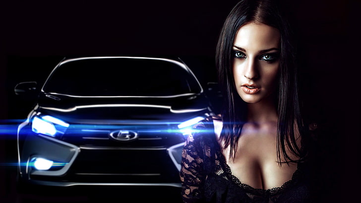 black Hyundai car, Alla Berger, LADA, Vesta, optical flares, women