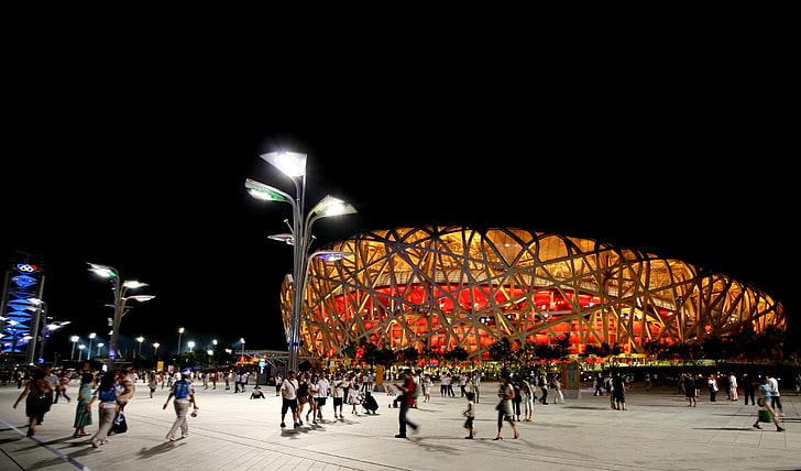 Beijing, stadium, olympic, illuminated, night, group of people