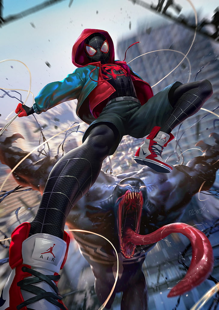 Venom poster, digital art, Miles Morales, Spider-Man, Nike, Derrick Chew
