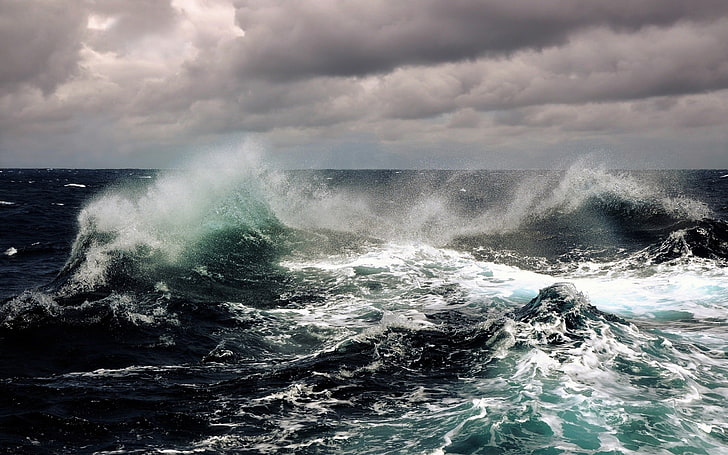 sea waves, nature, water, motion, power in nature, cloud - sky, HD wallpaper