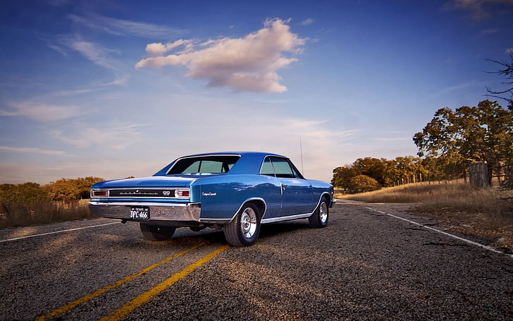 blue muscle car, chevrolet, chevelle, 1966, rear view, old-fashioned
