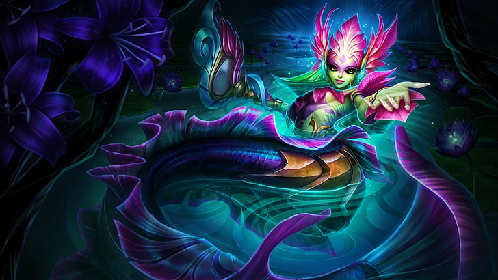Nami Koi Mermaid Girl River Dark Blue Flowers League Of Legends Computer Video Game Hd Wallpapers For Tablet And Laptop 2560×1440