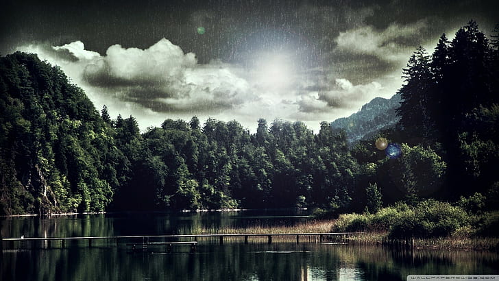 nature, lake, trees, rain, landscape, sky, forest, water, HD wallpaper