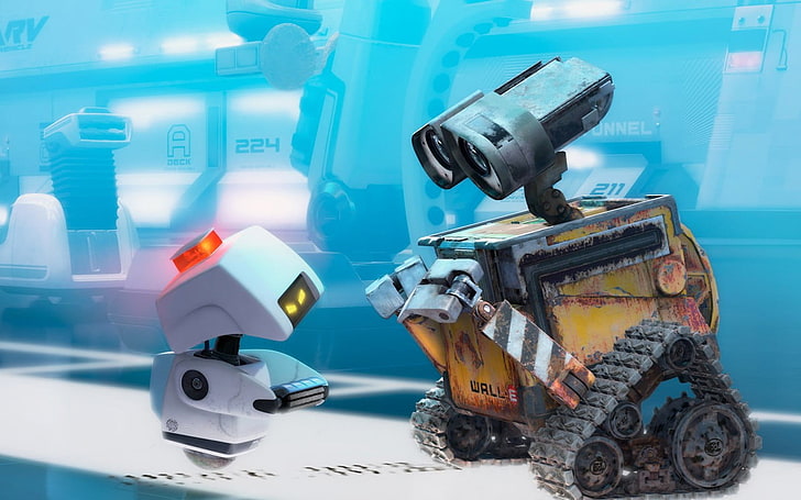 Wall-E movie scene, Disney, Pixar Animation Studios, cyan, robot, HD wallpaper