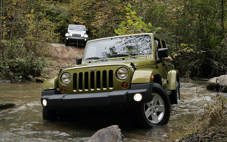 green Jeep Wrangler, car, vehicle, nature, water, mode of transportation