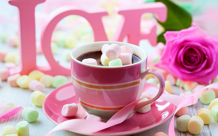 Chocolate drink, pink style, cotton candy, rose, love, Valentine's Day, white pink and orange ceramic cup with marshmallows