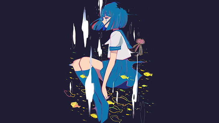 anime, manga, anime girls, dark blue, fish, blue hair, sailor uniform, HD wallpaper