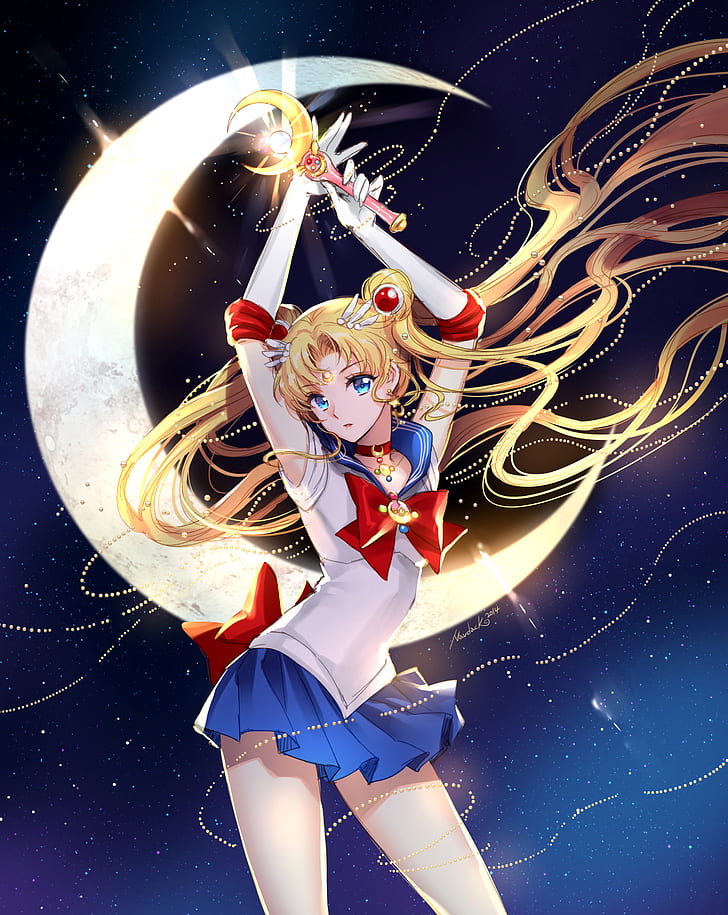 anime, anime girls, Sailor Moon, Usagi Tsukino, Half Moon, starred sky, HD wallpaper