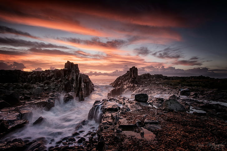 Australia, New South Wales, rocks, beach, morning, sea, Fallout, HD wallpaper
