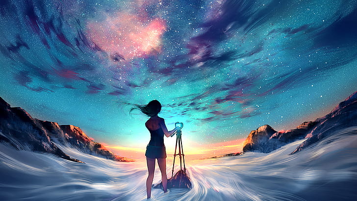 camera, landscape, sky, stars, Yuumei, HD wallpaper