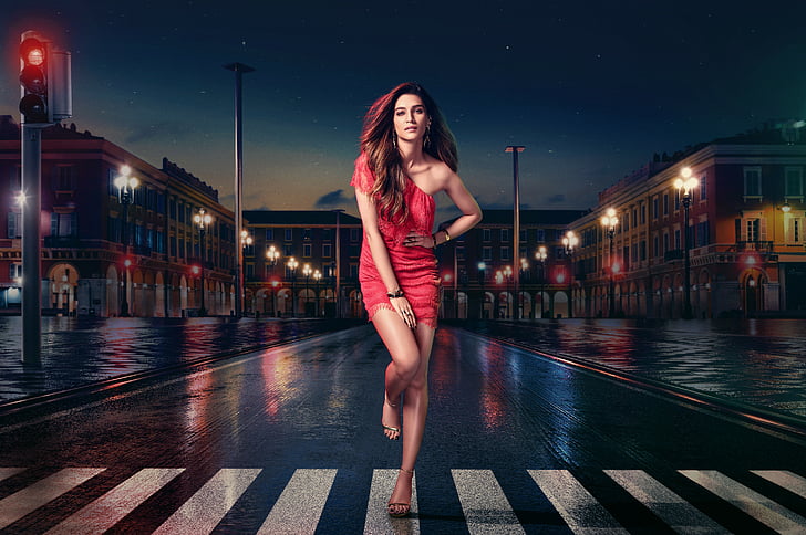 woman in red dress on pedestrian crossing lane photo, Kriti Sanon