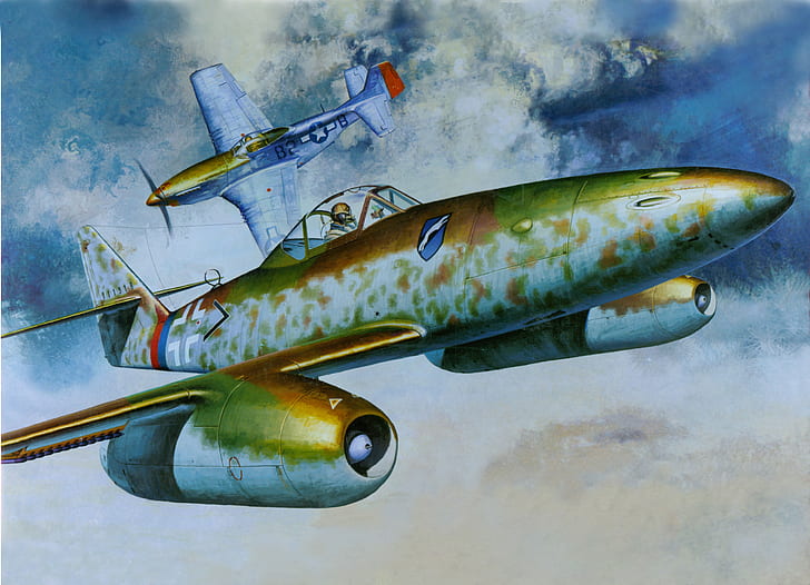 Messerschmidt, artwork, military aircraft, ME-262, North American P-51 Mustang, HD wallpaper