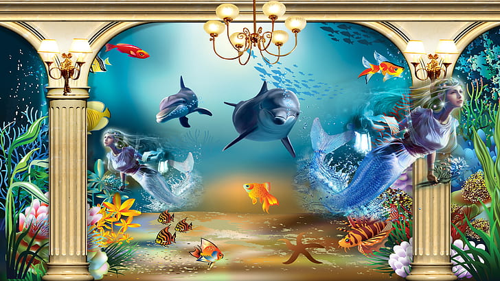 underwater world, dolphin, mystical, dreamland, 8k uhd, colorful