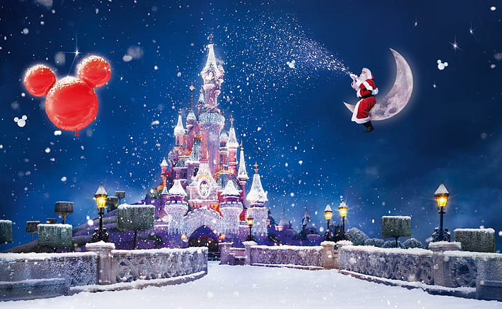 santa claus, magic, moon, snow, castle, balloons, holiday, christmas, disneyland castle illustration, HD wallpaper