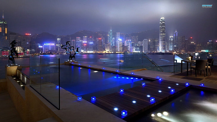 brown wooden bridge, city, night, lights, architecture, Hong Kong, HD wallpaper