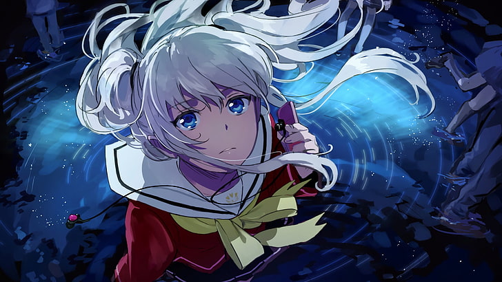 gray-haired female in red dress anime character illustration