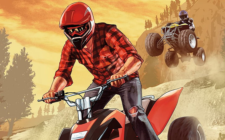 man riding ATV quad bike, gta online, grand theft auto v, rockstar games, HD wallpaper