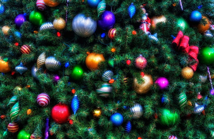 christmas tree, ornaments, holiday, garland, HD wallpaper
